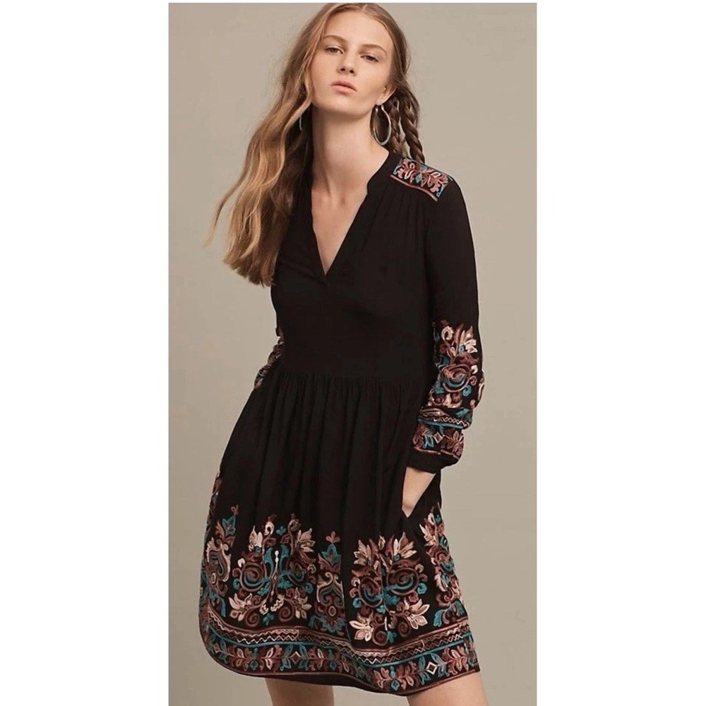 Anthropologie‎ Floreat Black Embroidered Dress Women's Size XXS Pockets